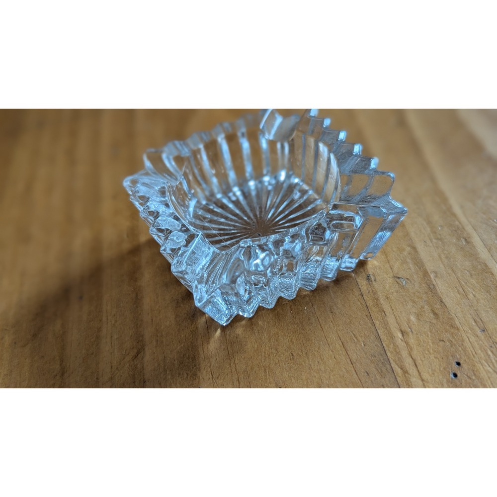 Vintage Square Clear Glass Sunburst Ashtray Sawtooth Edge Trinket Dish MCM